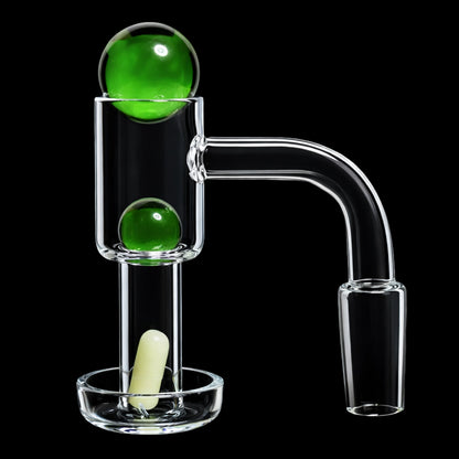 Close-up on a clear glass 90-degree joint with two glossy red-green terp beads, showing the Smoke Cartel Banger Set with Color Terp Beads - 90 degree - Male 14mm from a slightly angled front view against a black background.