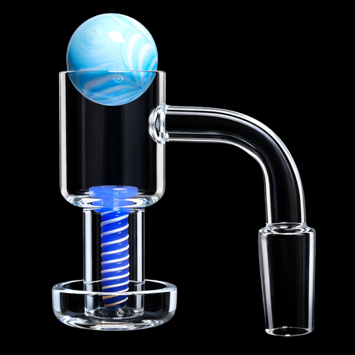 Close-up, angled view of the Smoke Cartel Spider Terp Slurper Banger Set - 90 degree - Male 14mm showing a clear glass chamber with a blue swirled marble and a matching blue spiral downstem against a black background