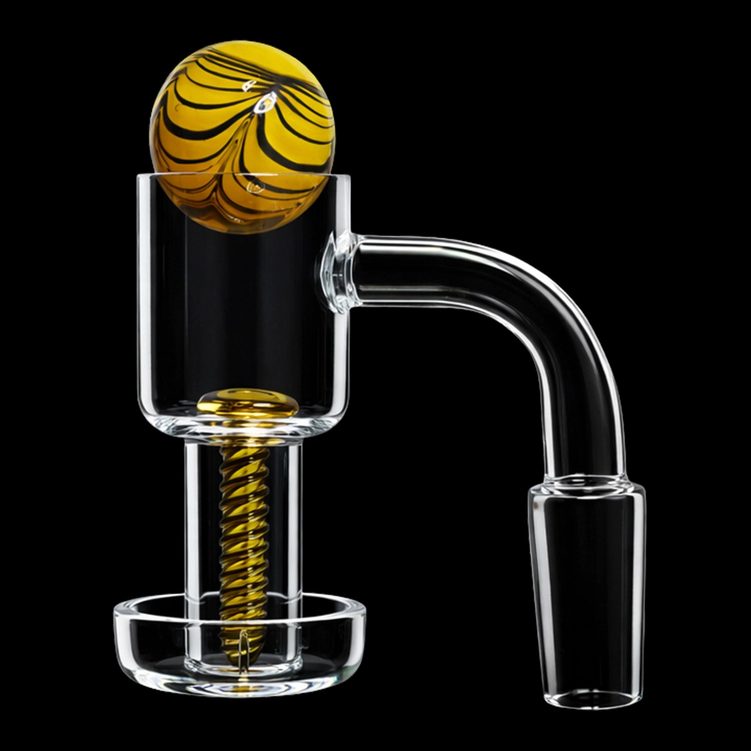 Close-up, side view of the Smoke Cartel Spider Terp Slurper Banger Set - 90 degree - Male 14mm showing a clear glass bucket with a gold striped marble seated on its rim and a matching gold spiral drop inside against a black background