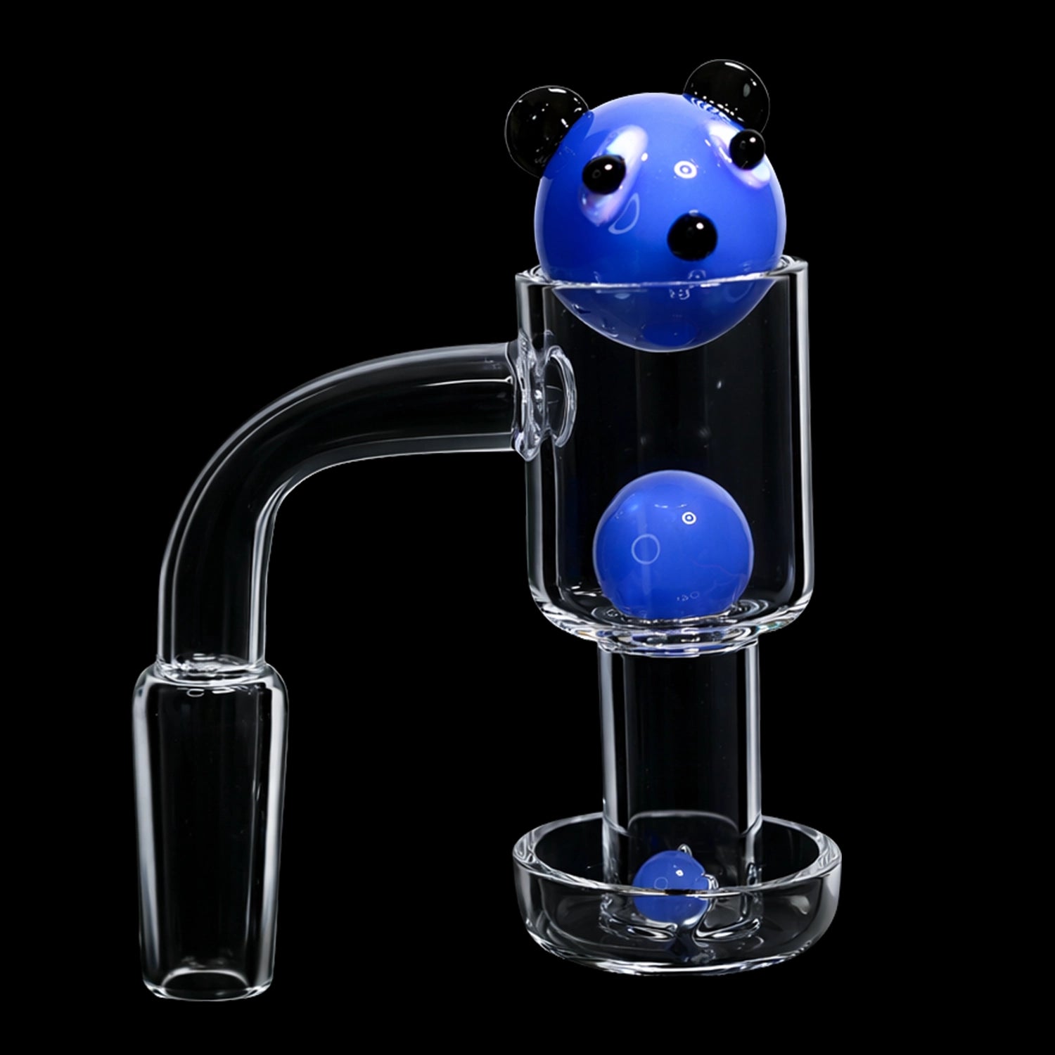 Close-up of the Smoke Cartel Bear Terp Slurper Banger Set - 14mm showing a blue bear-shaped marble resting in the clear glass banger against a black background