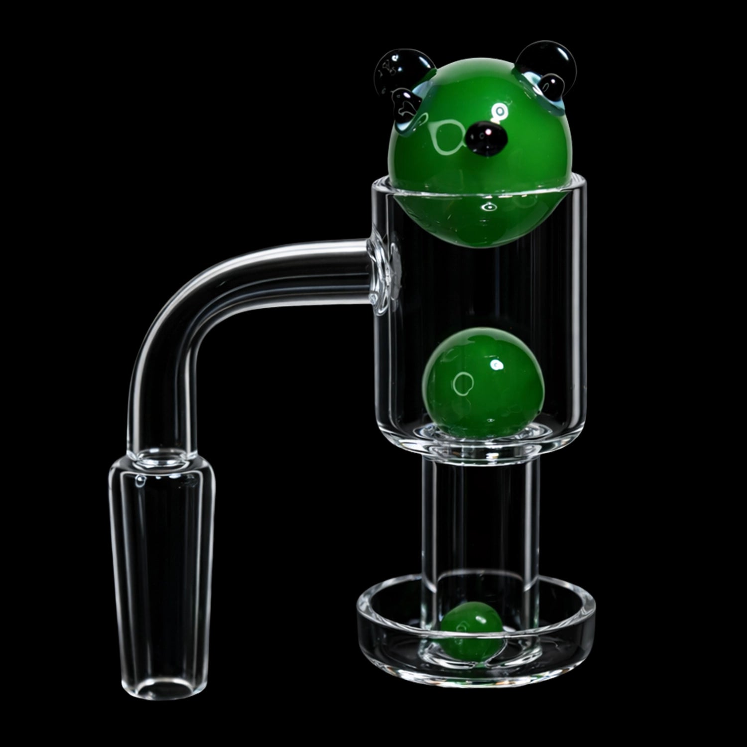 Close-up side view of the Smoke Cartel Bear Terp Slurper Banger Set - 14mm showing a clear glass banger with three glossy green spherical accents against a black background.