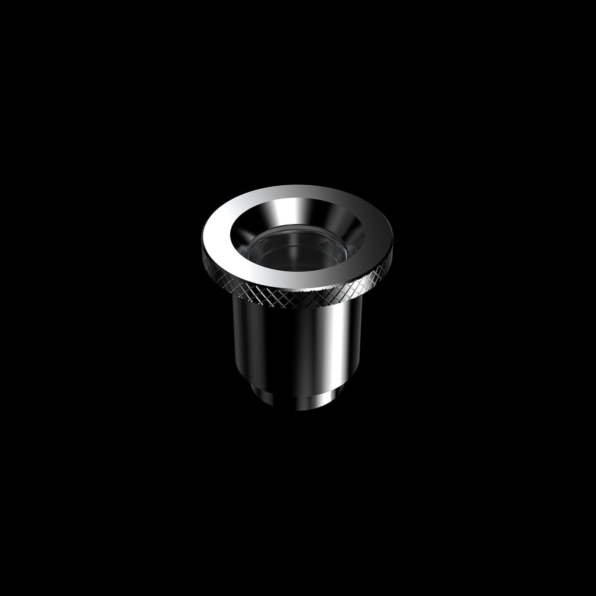 Close-up top view of the metallic Boost Evo™ Quartz Atomizer showing a knurled rim and reflective inner chamber against a black background.