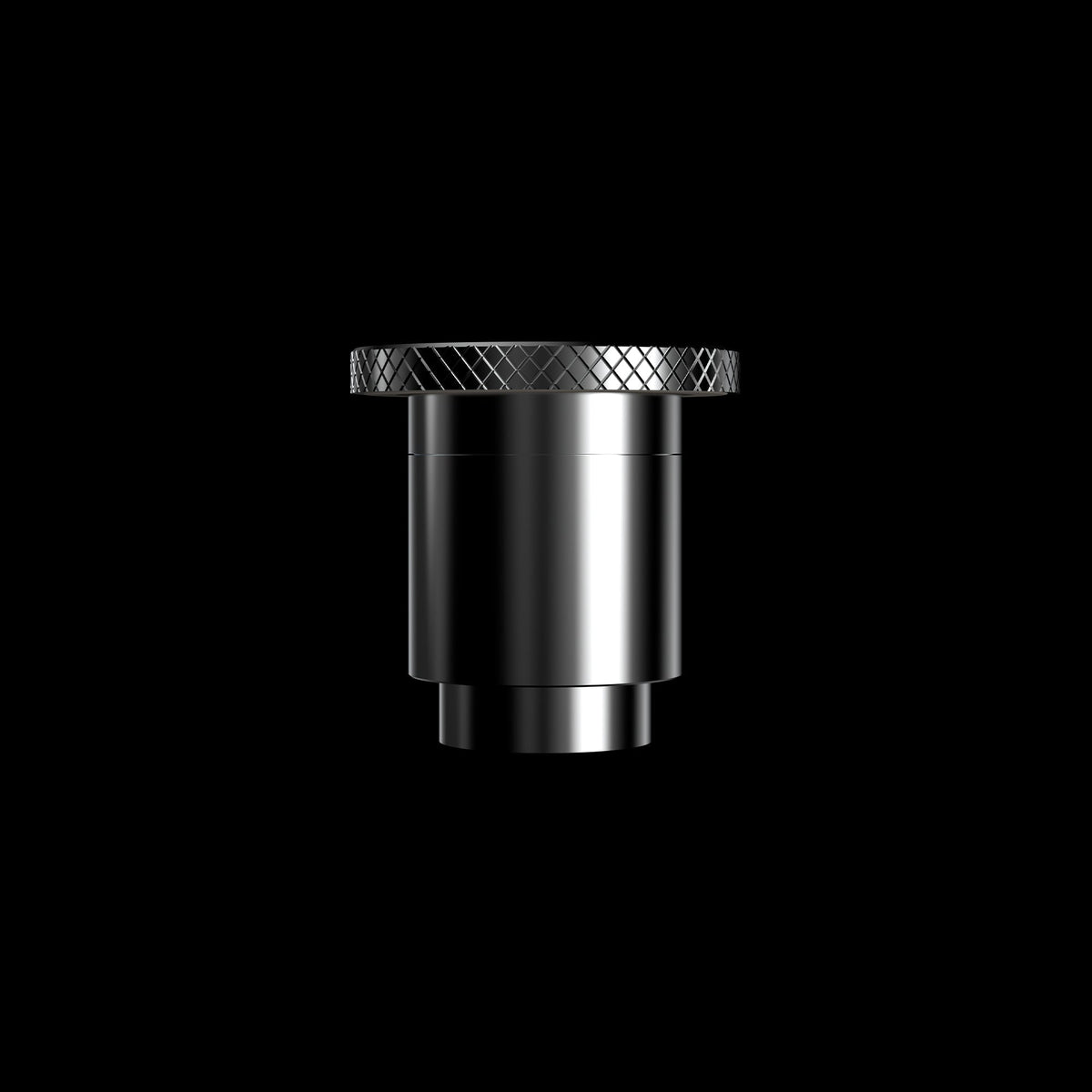 Close-up front view of the chrome knurled top of the Boost Evo™ Quartz Atomizer against a black background.