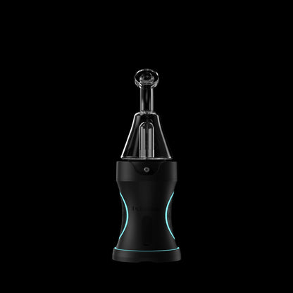 Center-frontal view of the glass mouthpiece and tapered chamber on the Dr. Dabber Boost Evo™ against a black background.
