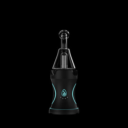 Centered close-up of the glass mouthpiece and illuminated black body of the Dr. Dabber Boost Evo™ against a black background.