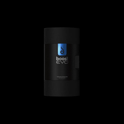 Top-closeup view of the black Dr. Dabber Boost Evo™ cylinder showing a dotted texture and a blue logo strip.