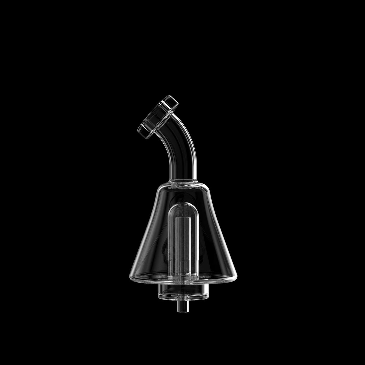 Close-up front view of the clear glass Dr. Dabber Boost Evo™ water path and angled mouthpiece against a black background