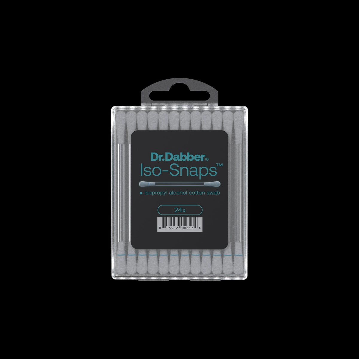Top-centered close-up of the clear plastic package showing the Dr.Dabber Iso-Snaps label and a row of white cotton swabs inside.