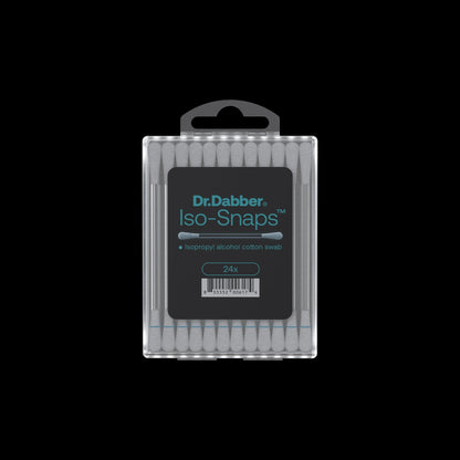 Top-centered close-up of the clear plastic package showing the Dr.Dabber Iso-Snaps label and a row of white cotton swabs inside.