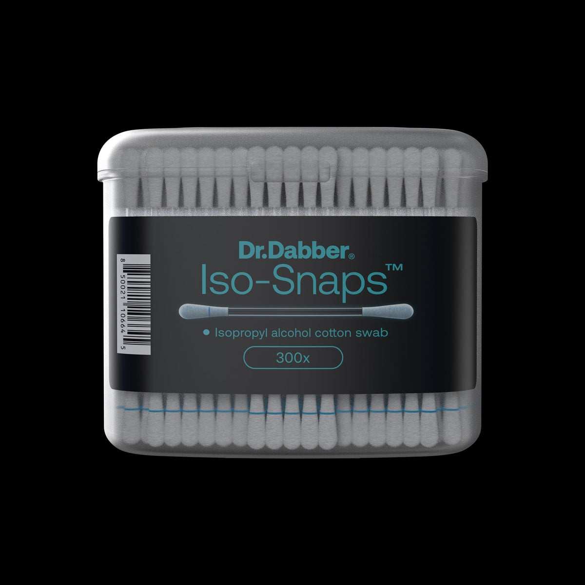 Close-up front view of the Iso-Snaps container showing tightly packed white cotton swabs under a translucent snap-top lid.