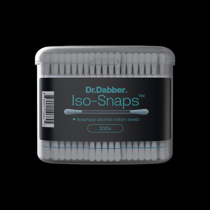 Close-up front view of the Iso-Snaps container showing tightly packed white cotton swabs under a translucent snap-top lid.