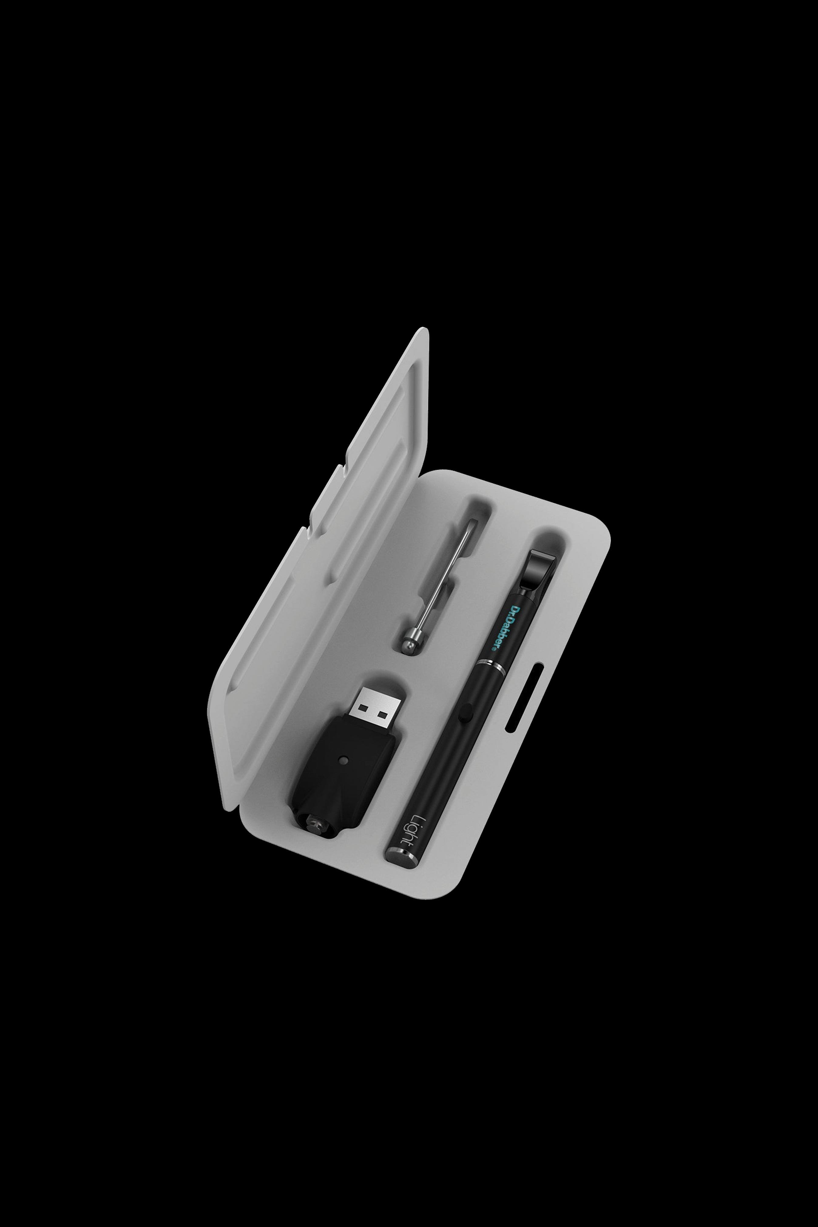 Cannabis vape pen kit open in a white case, displaying the pen, charger, and accessories.
