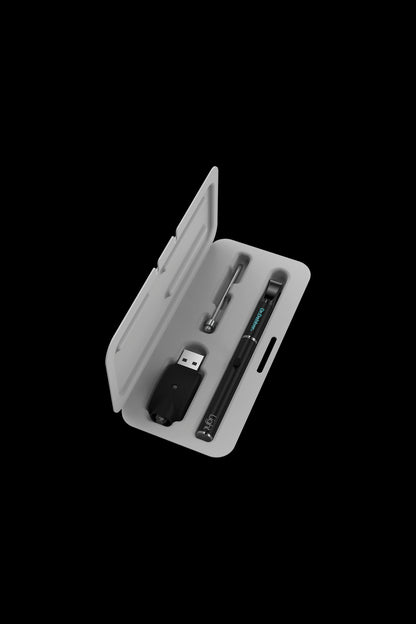 Cannabis vape pen kit open in a white case, displaying the pen, charger, and accessories.