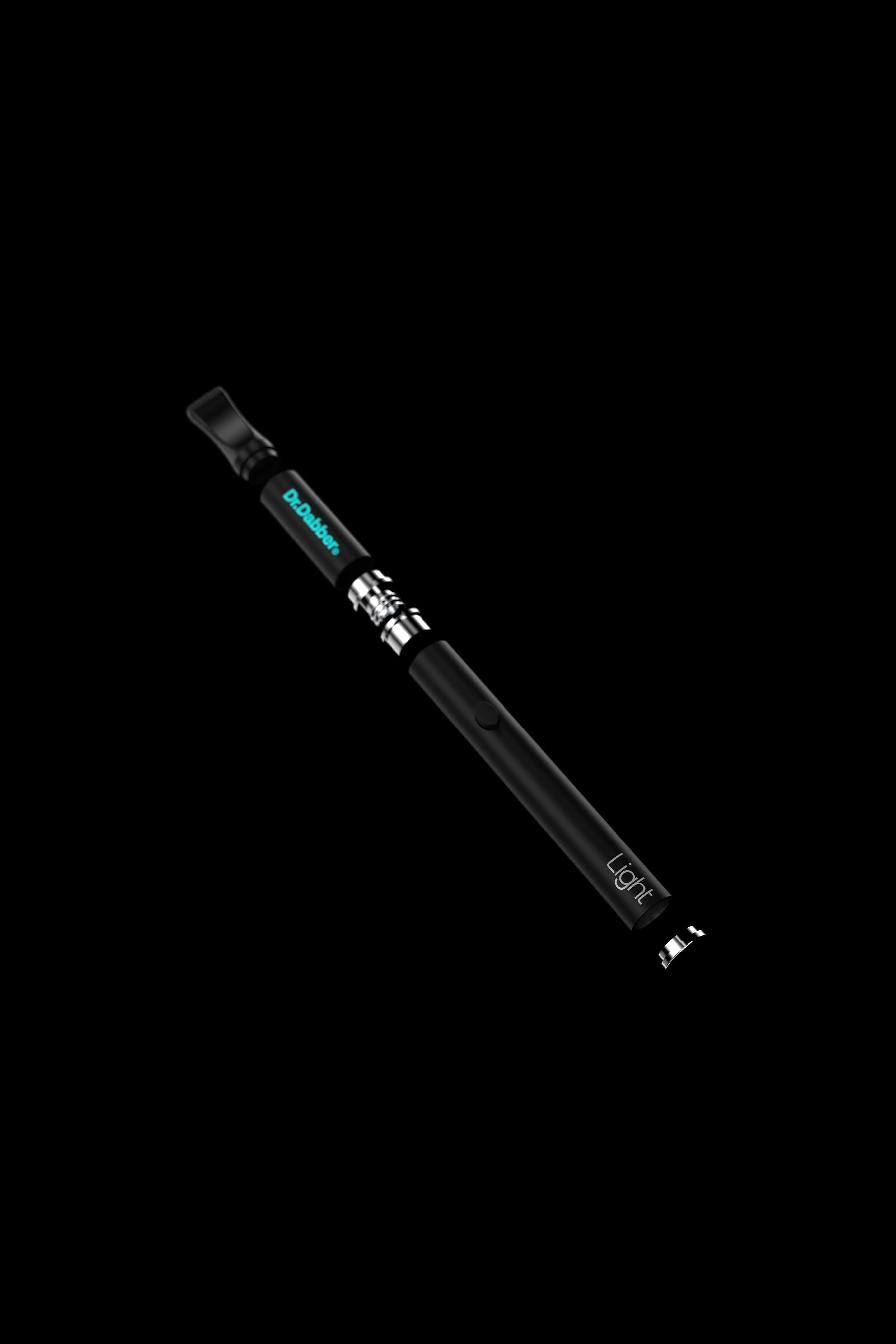 Black cannabis vape pen with disassembled parts, displaying branding details.