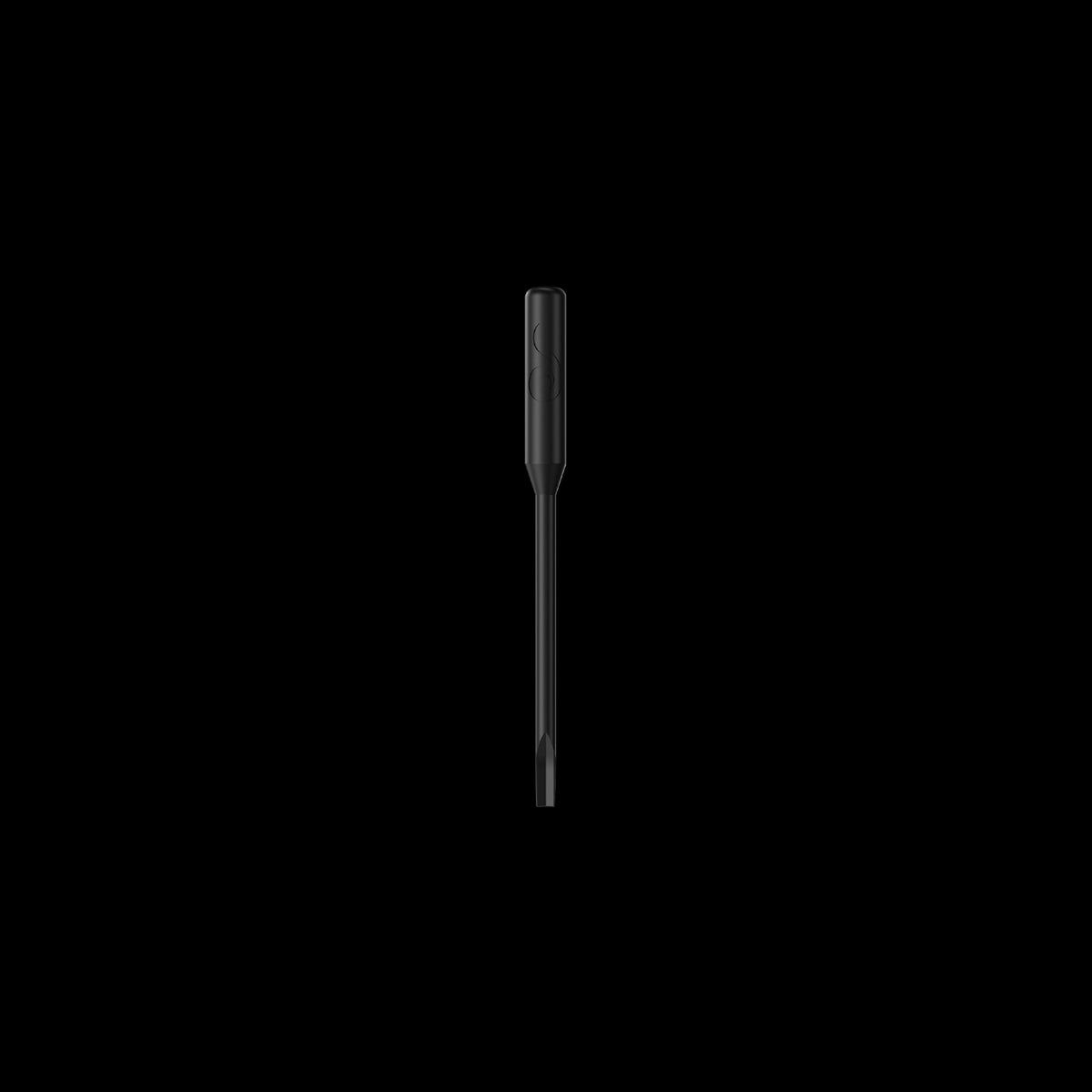 Center-aligned close-up of the matte black Dr. Dabber Boost Evo™ tip and slim stem against a deep black background.