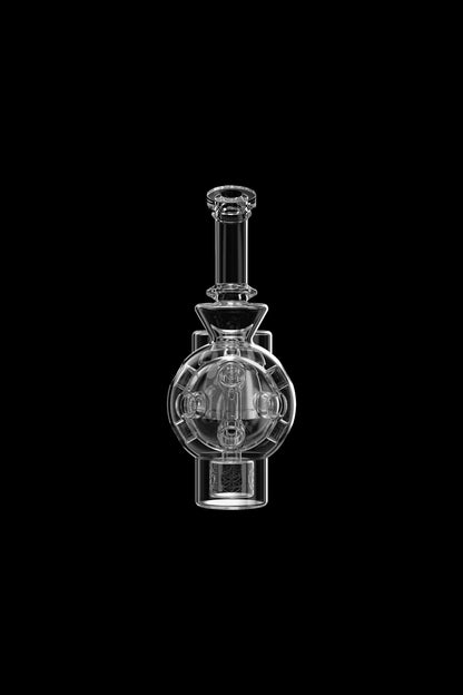 Clear glass dab rig with spherical bubbler and intricate design, isolated on black.