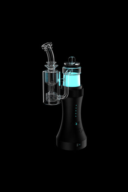 Electronic dab rig with glass water pipe attachment, illuminated with blue light, against a black background.