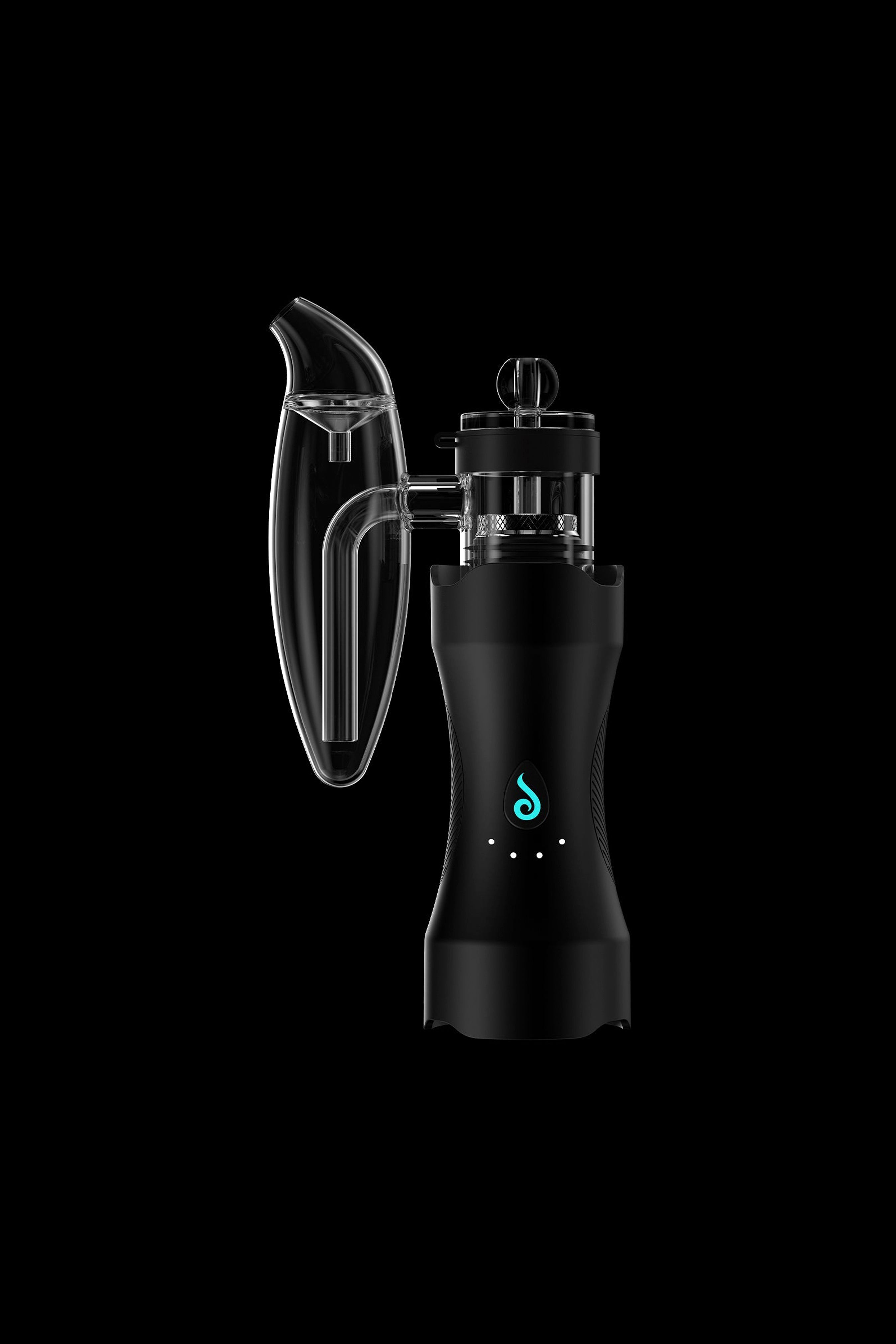 Black cannabis vaporizer with glass mouthpiece and digital display.