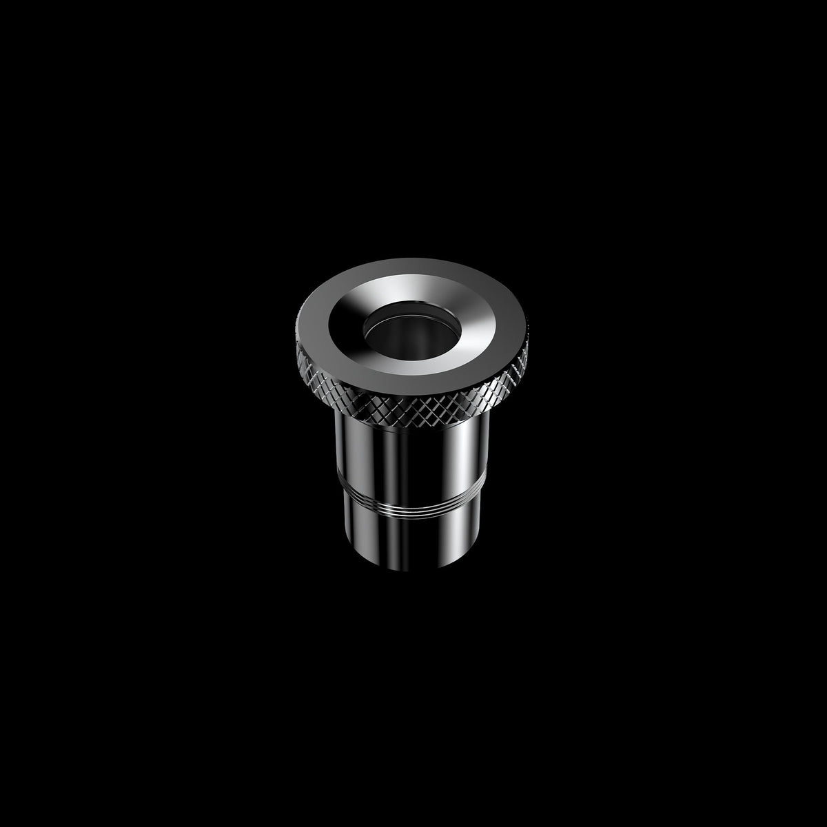 Top-down close-up of the chrome XS™ e-Chamber Dish showing its knurled rim and reflective inner cup against a black background