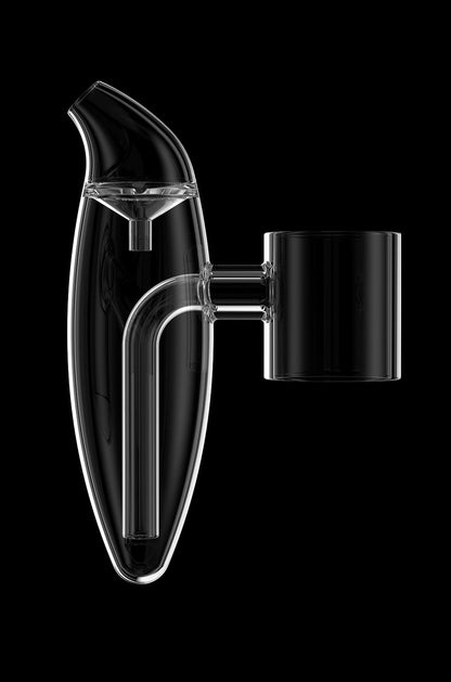 Clear glass dab rig with accompanying quartz insert, isolated on black.