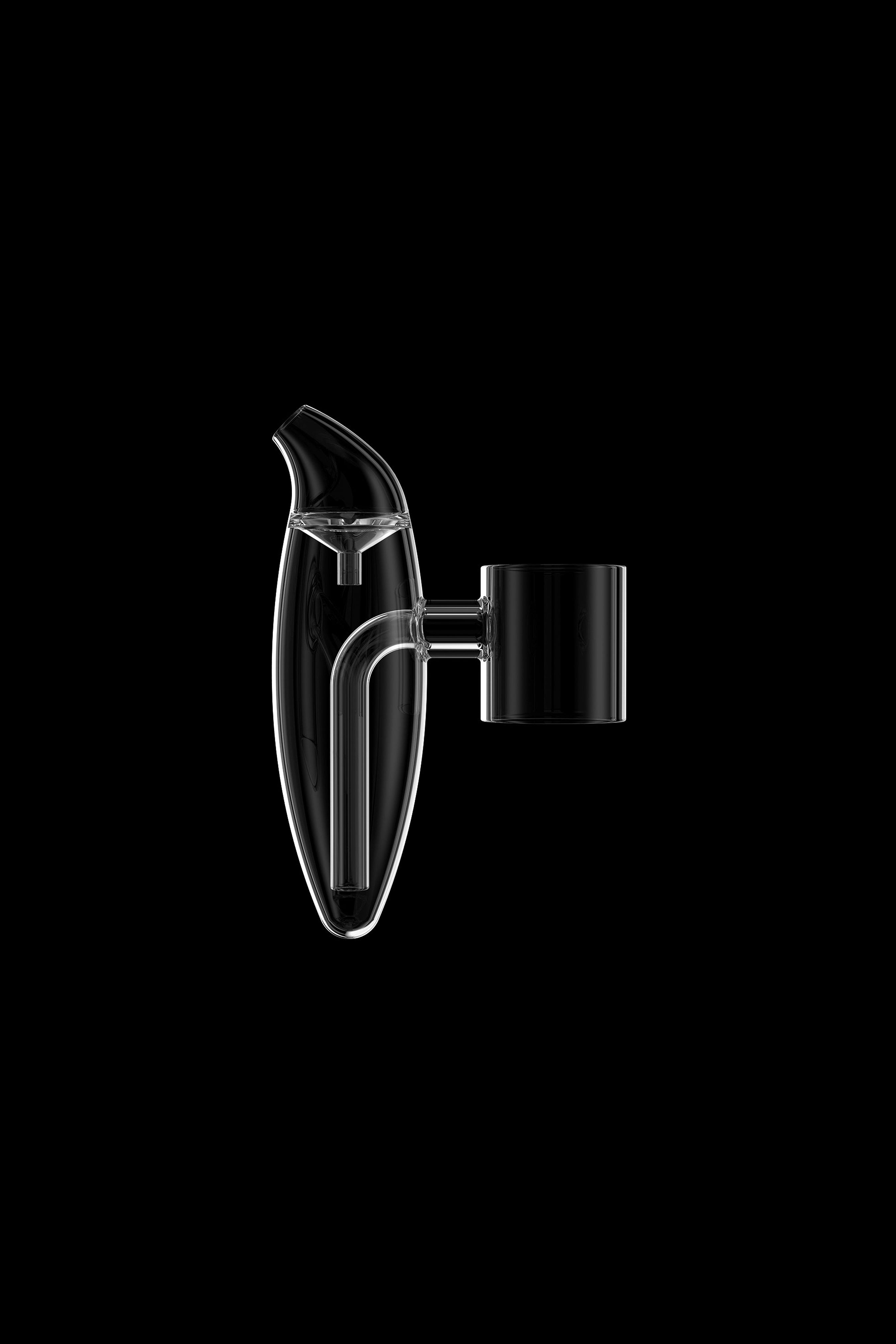 Clear glass oil rig with a rounded body and cylindrical mouthpiece, isolated on a black background.