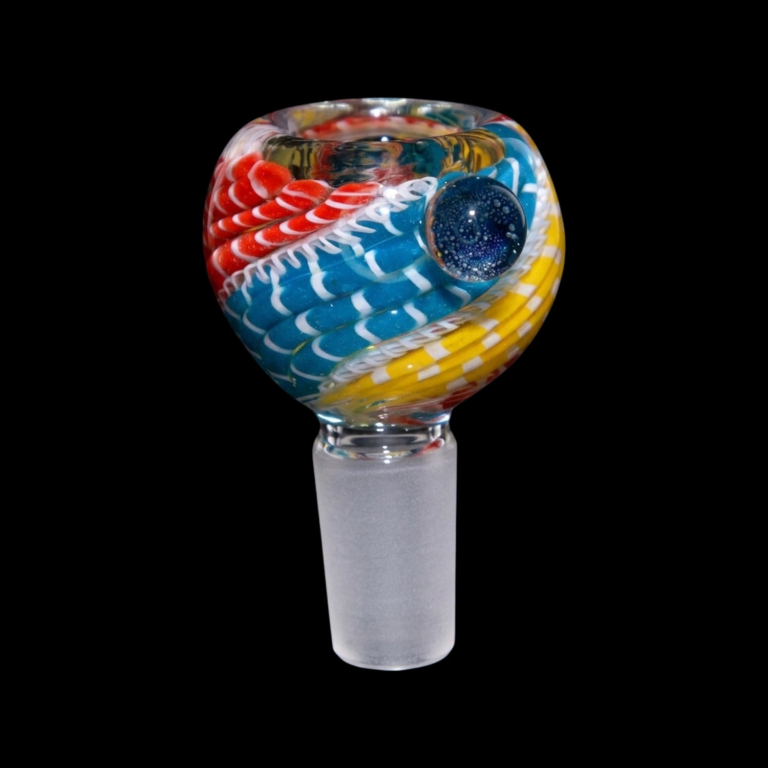 Close-up front view of the Smoke Cartel Curvy Piping Bowl - 14mm showing vibrant red, blue, and yellow twisted cane patterns and a glass marble against a black background