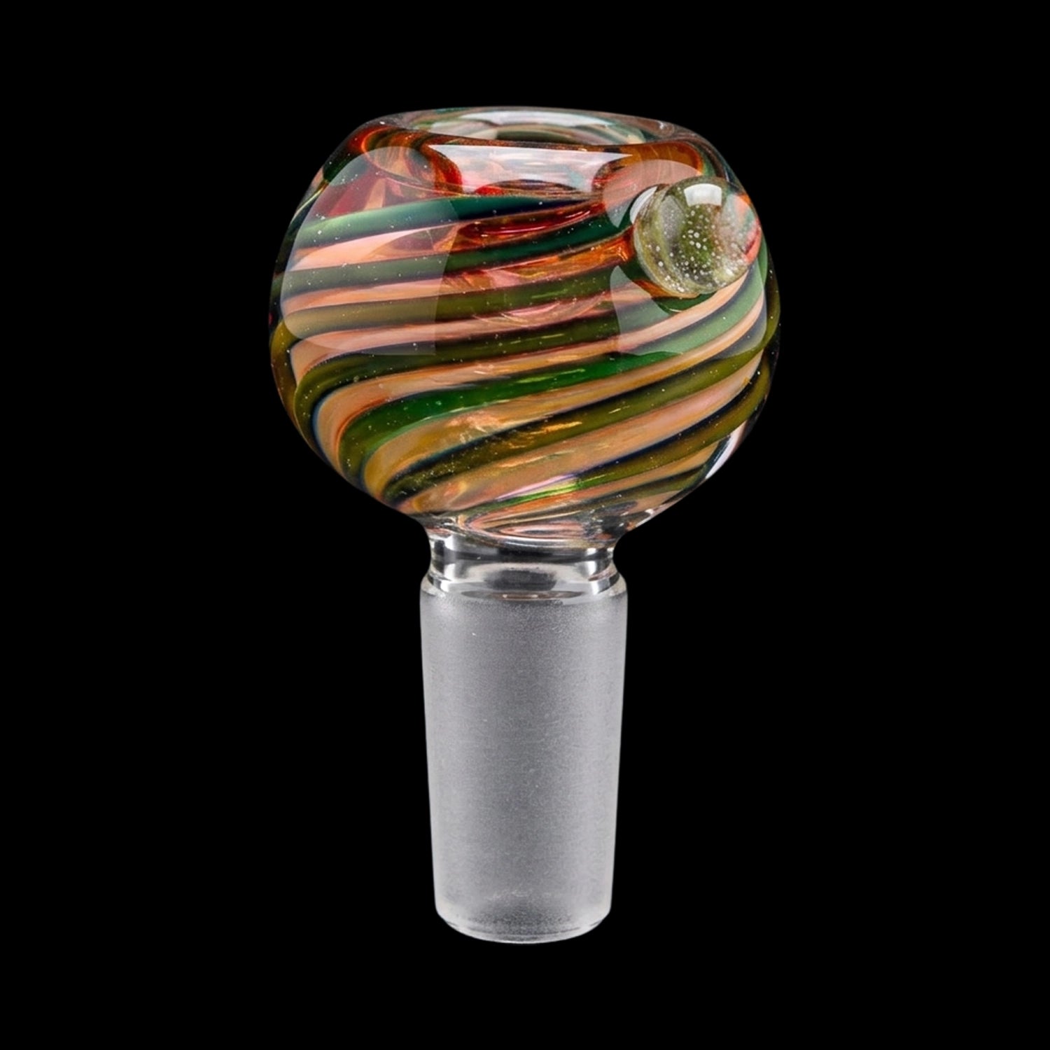 Close-up front view of the Smoke Cartel Pink and Green Swirl Bowl - 14mm showing glossy pink and green spiral bands on a black background