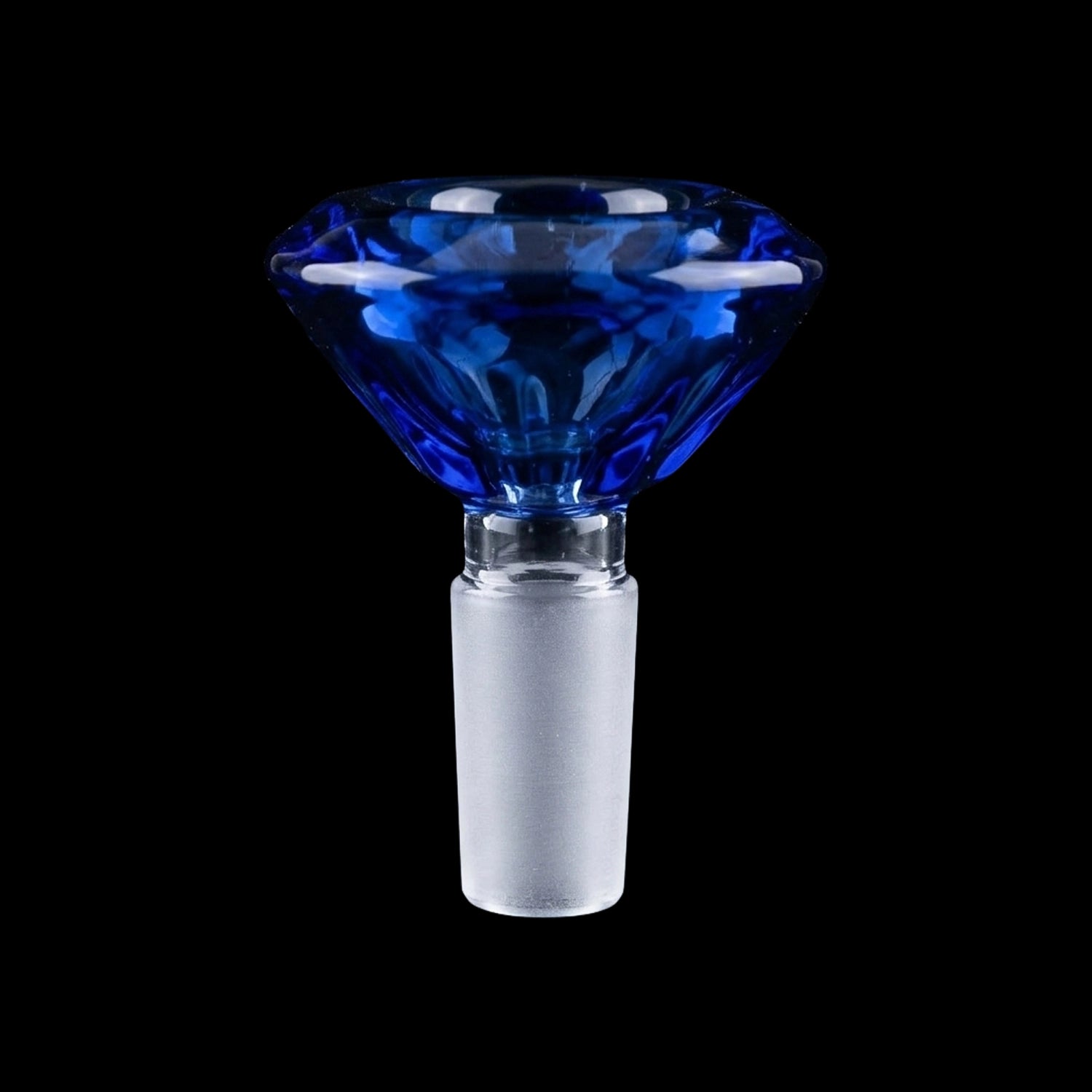 Close-up front view of a clear Smoke Cartel Deluxe Diamond Bowl - 14mm showing its faceted blue glass bowl and frosted glass stem against a black background.