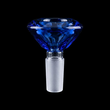 Close-up front view of a clear Smoke Cartel Deluxe Diamond Bowl - 14mm showing its faceted blue glass bowl and frosted glass stem against a black background.