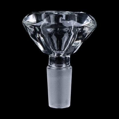Close-up front view of the Smoke Cartel Deluxe Diamond Bowl - 14mm showing a faceted clear glass bowl and frosted 14mm joint against a black background