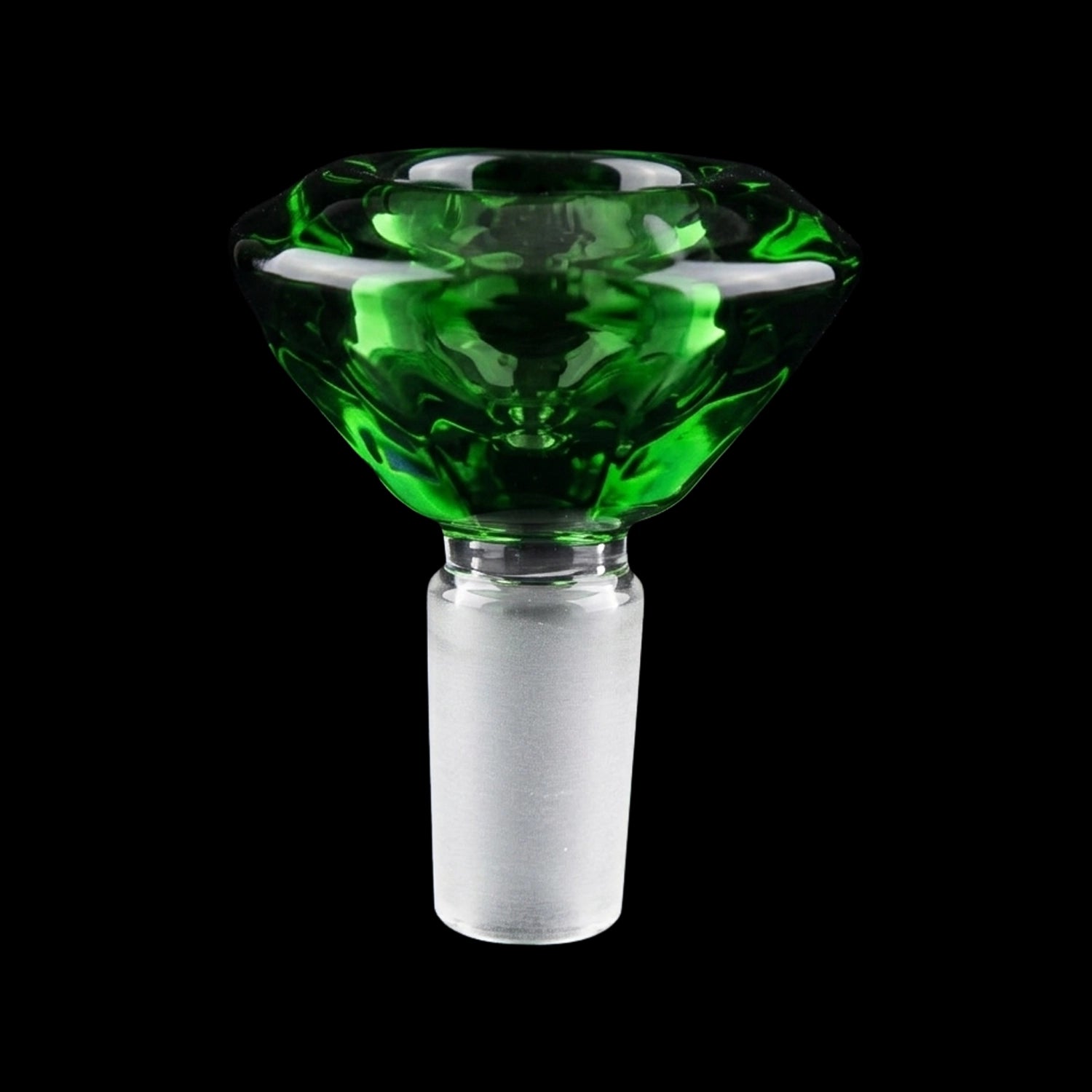 Close-up front view of the Smoke Cartel Deluxe Diamond Bowl - 14mm showing a faceted green glass bowl atop a frosted 14mm joint against a black background