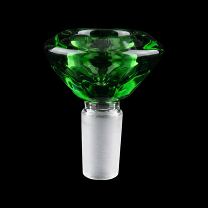 Close-up front view of the Smoke Cartel Deluxe Diamond Bowl - 14mm showing a faceted green glass bowl atop a frosted 14mm joint against a black background