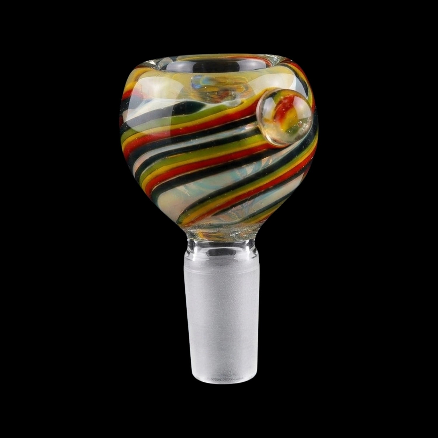 Close-up front view of the Smoke Cartel Rasta Swirl Bowl - 14mm showing colorful diagonal red, yellow, green and black swirls and a rounded glass knob against a black background