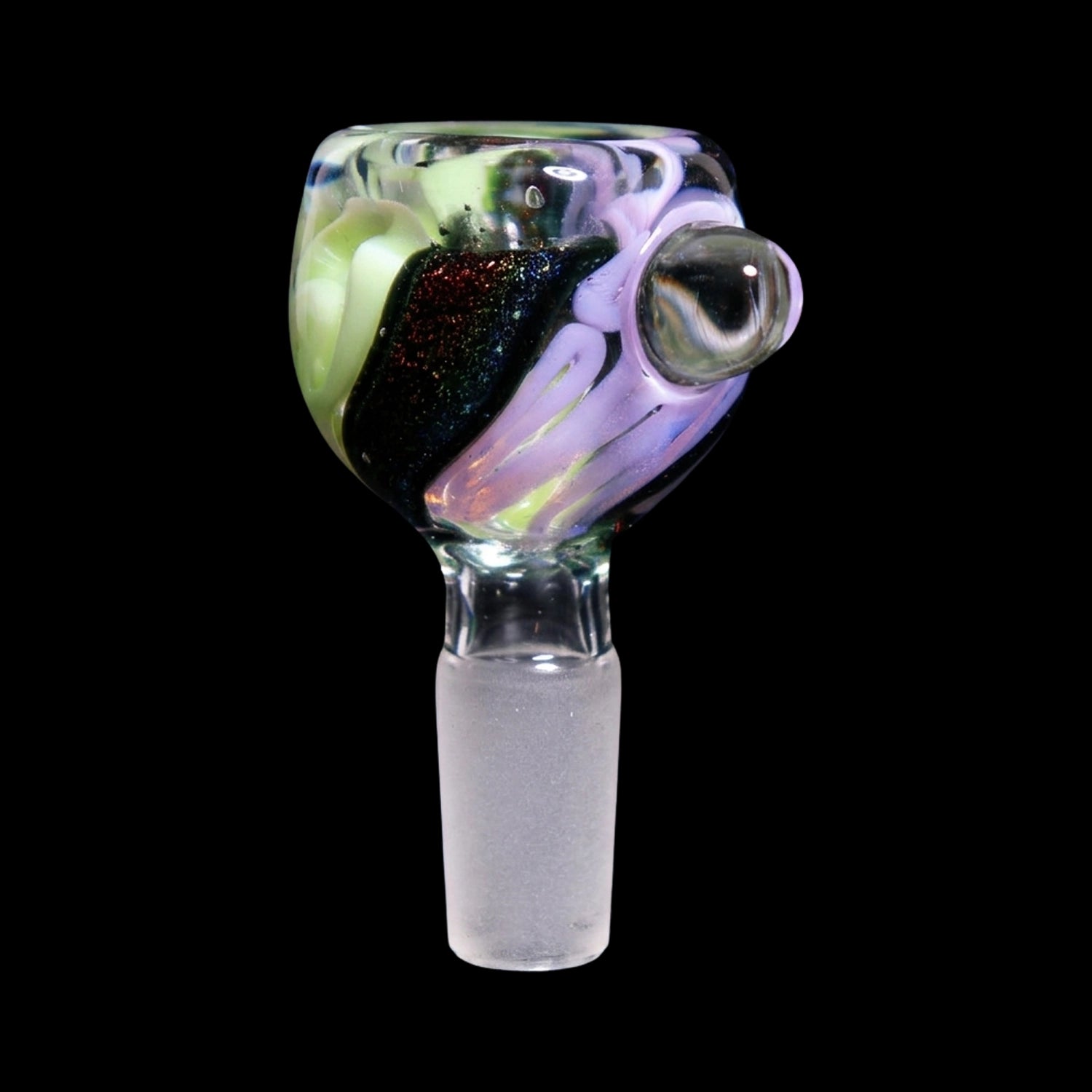 Close-up front view of the Smoke Cartel Dichro Slime Swirl Bowl - 14mm showing iridescent purple, green, and black swirled glass against a black background
