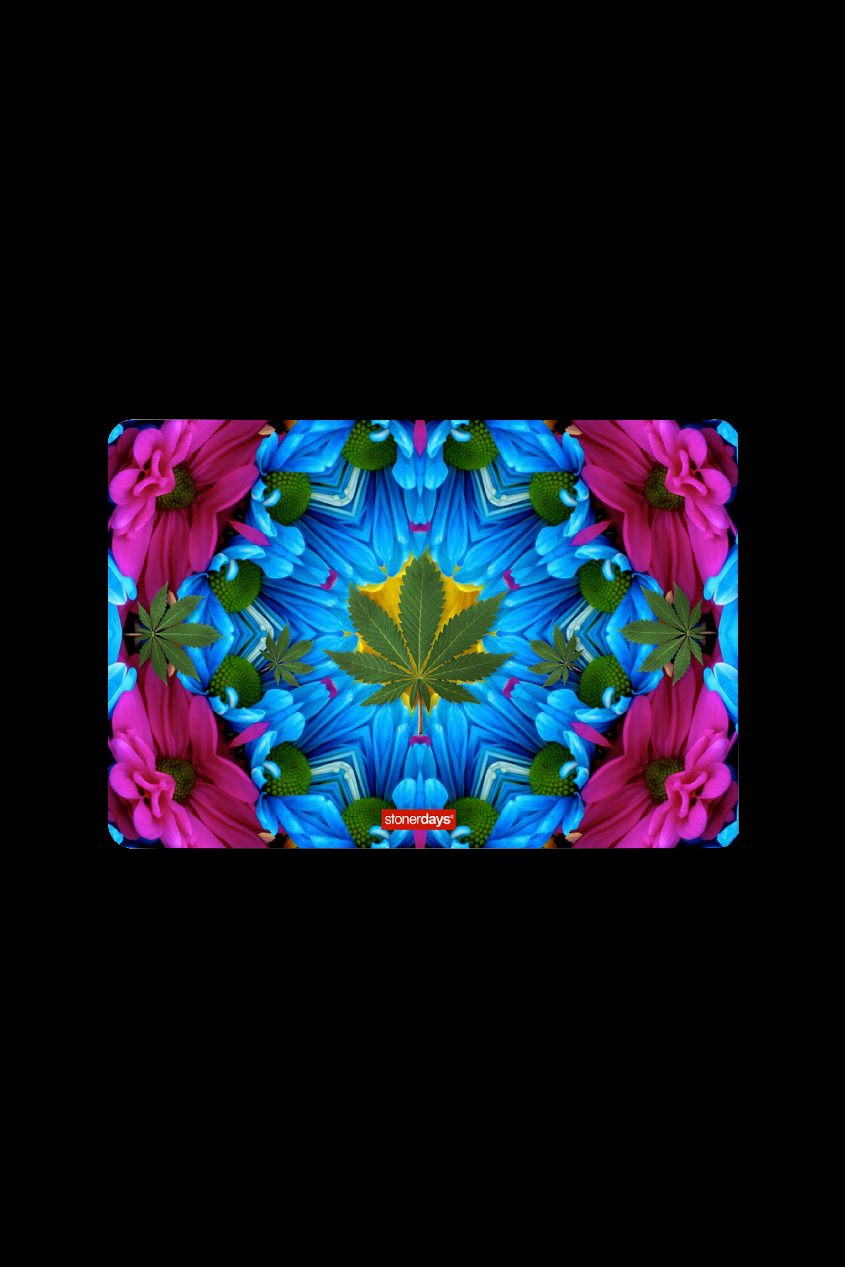 A symmetrical floral pattern with a cannabis leaf as the focal point, branded "stonerdays".