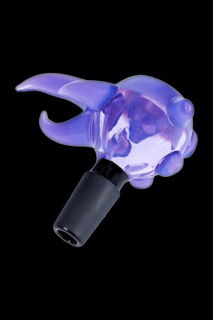 Purple glass cannabis bowl with sculpted floral design.