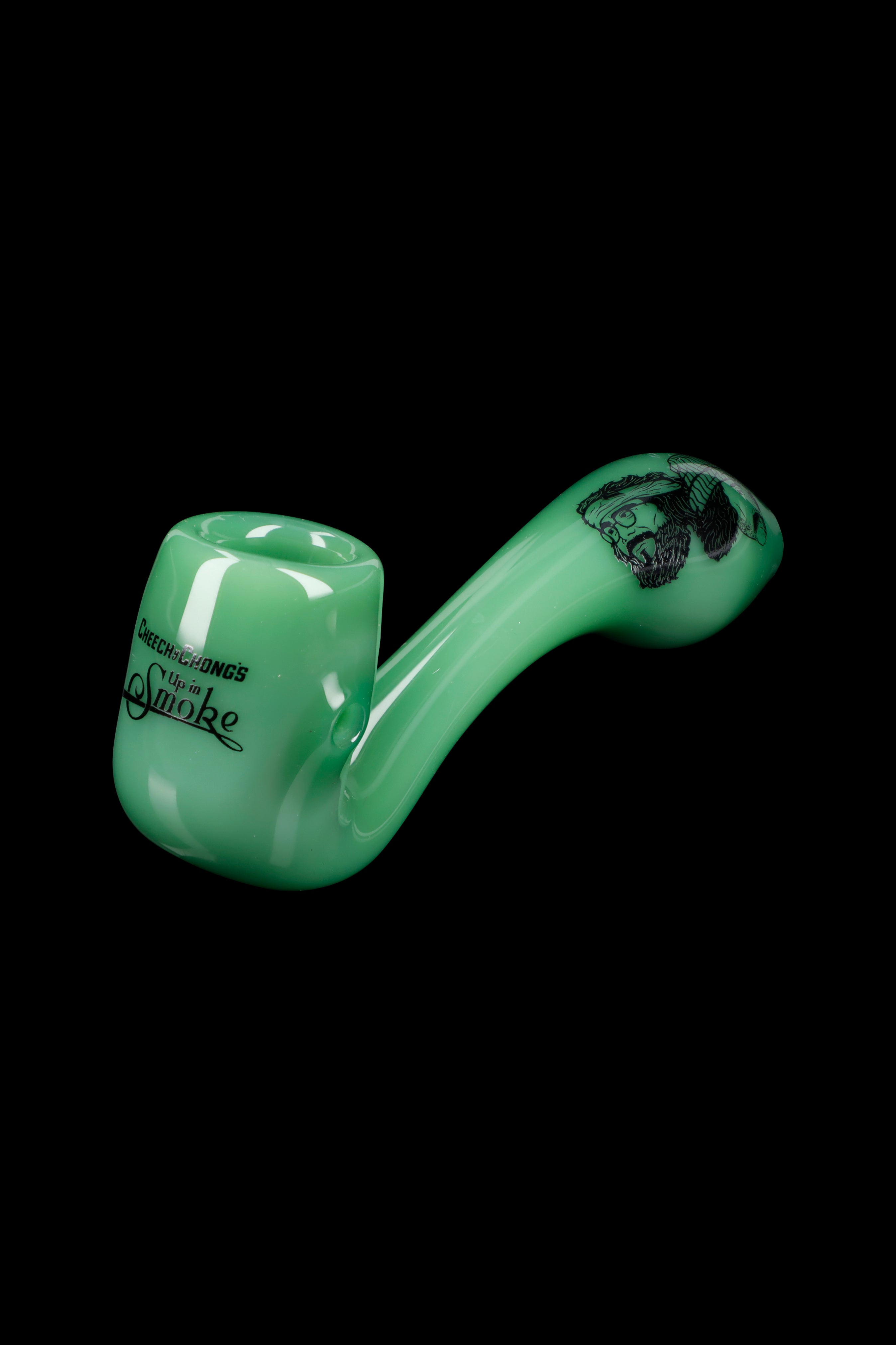 Green glass pipe with Cheech & Chong branding.