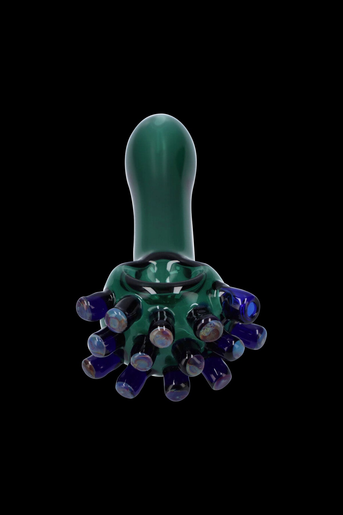 Green glass cannabis oil rig with colorful bubbles.