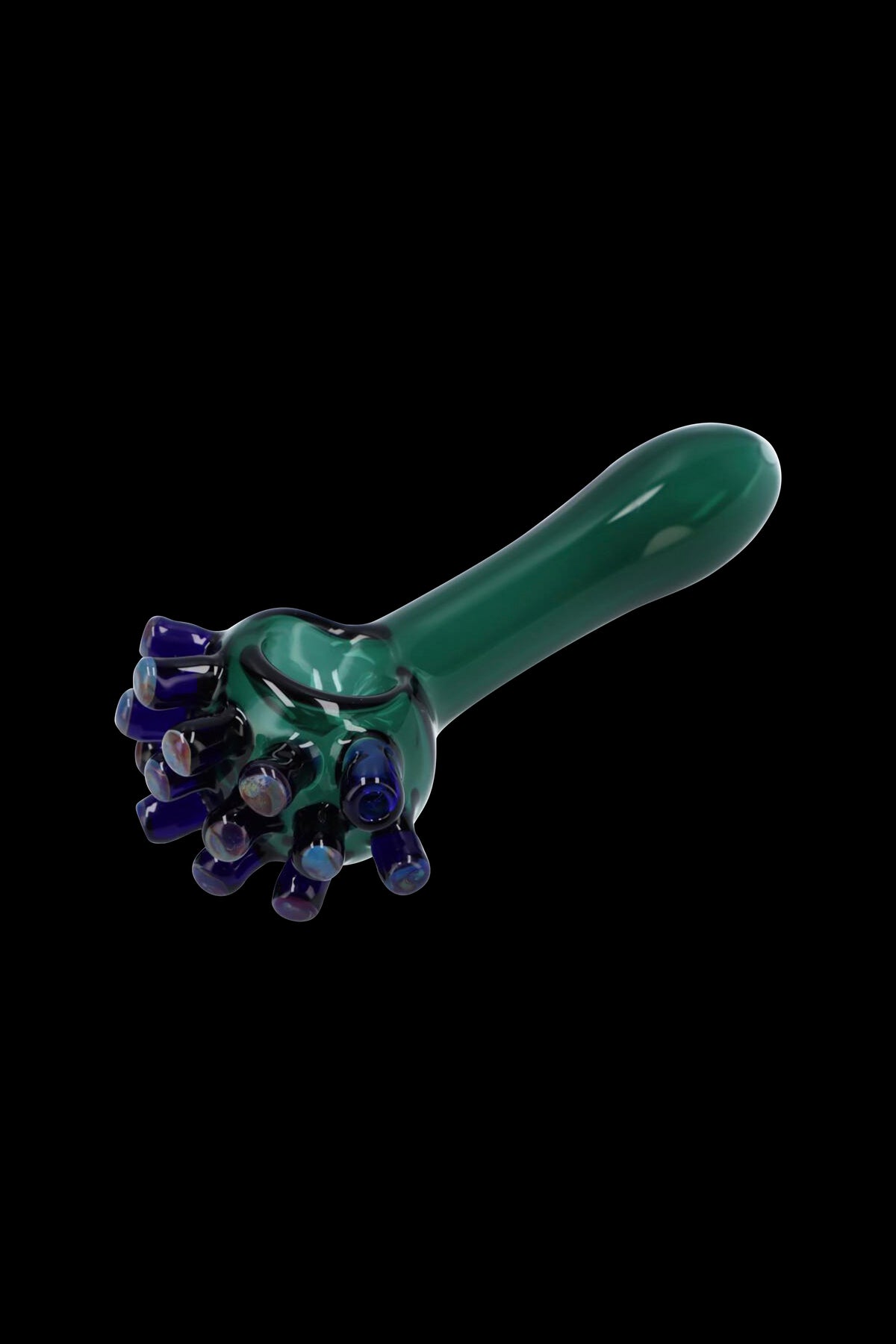 Green glass pipe with colorful bulbous accents.