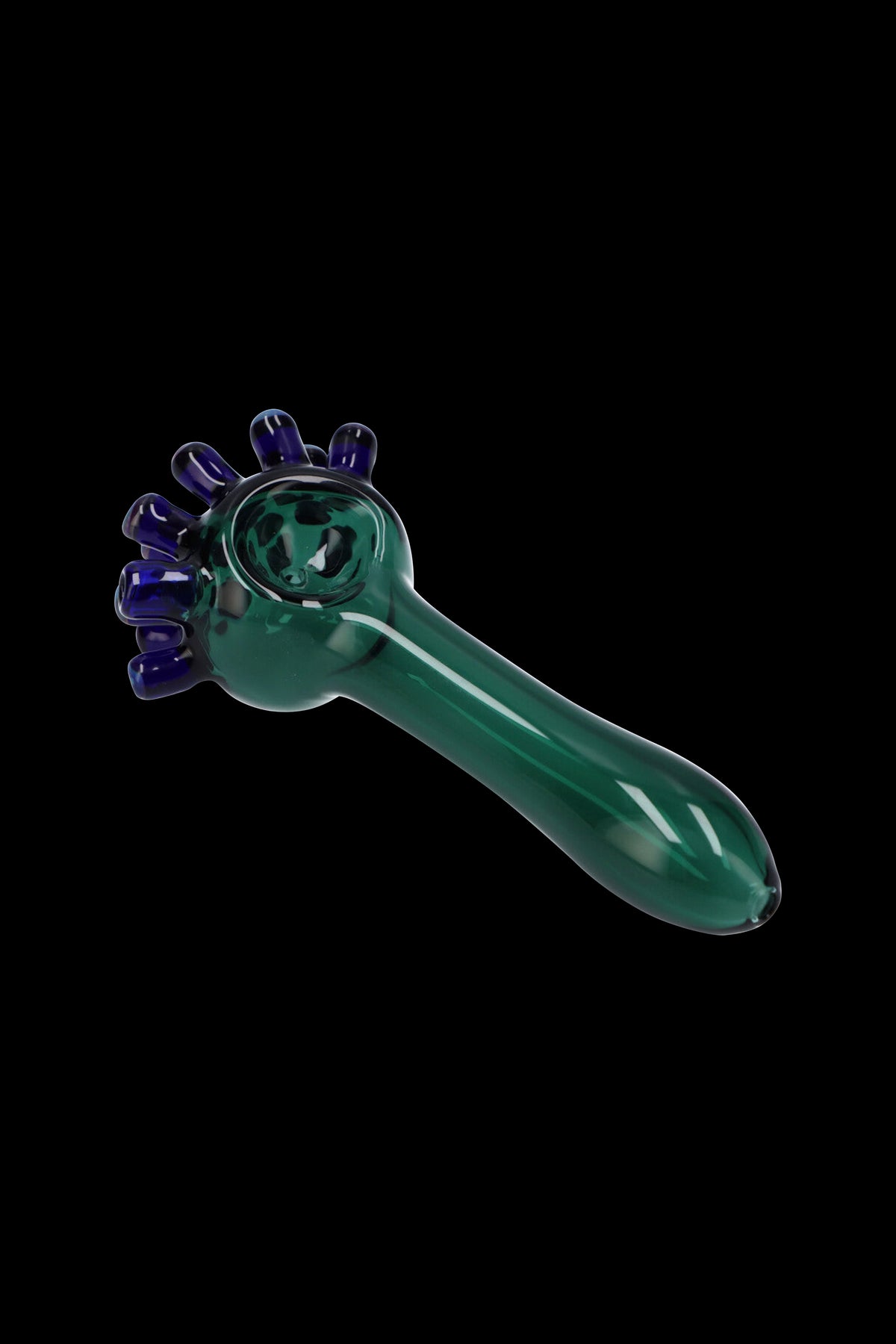 Green glass pipe with purple accents, isolated on a black background.