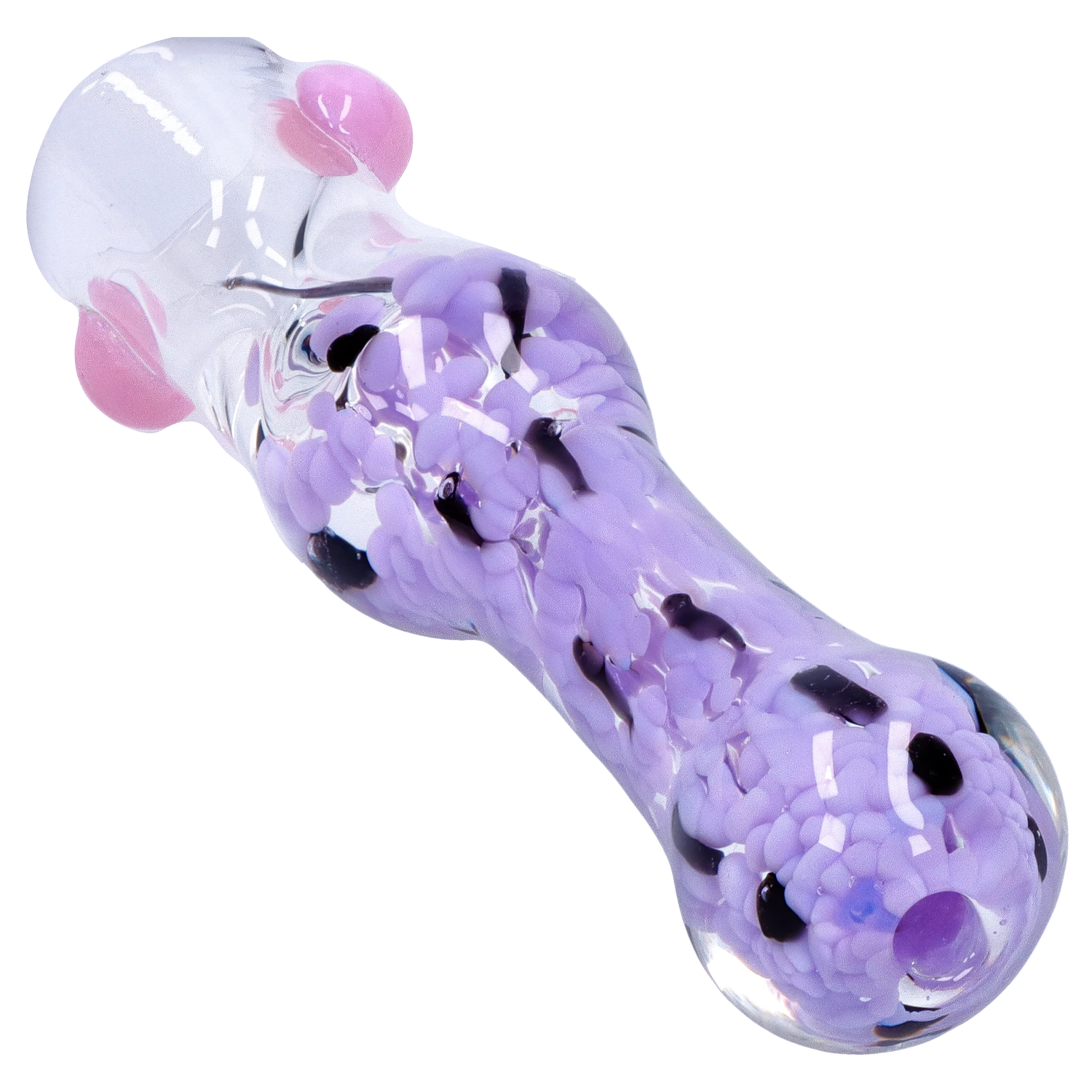 Angled close-up of the Smoke Cartel Frit Cone One Hitter - 3 in. showing pearlescent lilac frits and pink glass knobs on clear glass