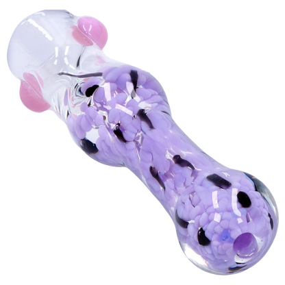 Angled close-up of the Smoke Cartel Frit Cone One Hitter - 3 in. showing pearlescent lilac frits and pink glass knobs on clear glass