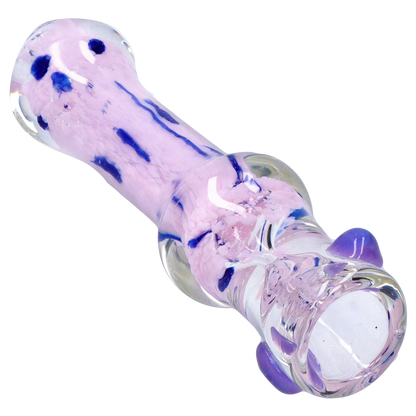 Angled close-up of the pink-and-blue swirled Smoke Cartel Frit Cone One Hitter - 3 in., showing glossy glass texture and raised purple nubs.