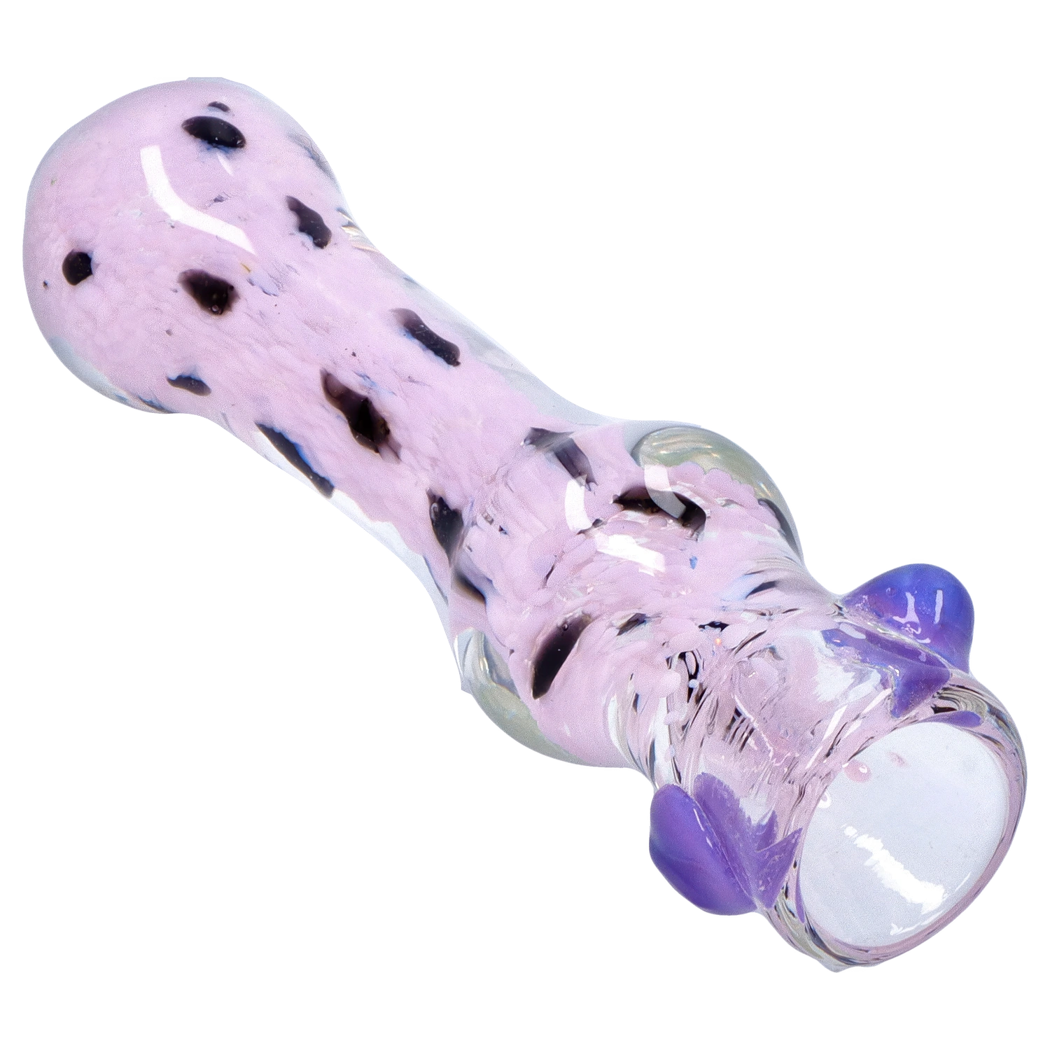 Angled close-up of the pale lavender Smoke Cartel Frit Cone One Hitter - 3 in. showing black frit speckles and glossy purple glass accents.