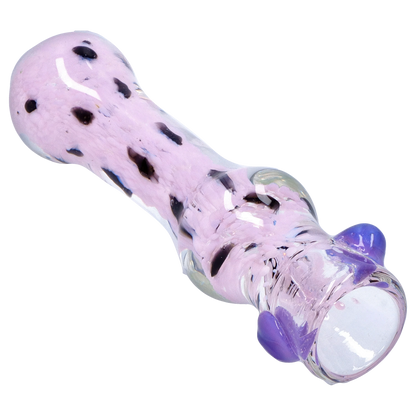 Angled close-up of the pale lavender Smoke Cartel Frit Cone One Hitter - 3 in. showing black frit speckles and glossy purple glass accents.