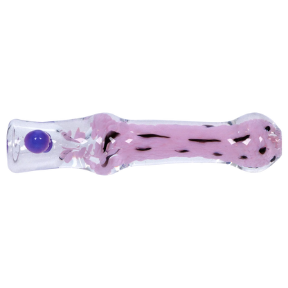 Side view of a clear glass Smoke Cartel Frit Cone One Hitter - 3 in. showing a milky purple internal frit pattern with black specks and a single raised purple dot near the mouthpiece.