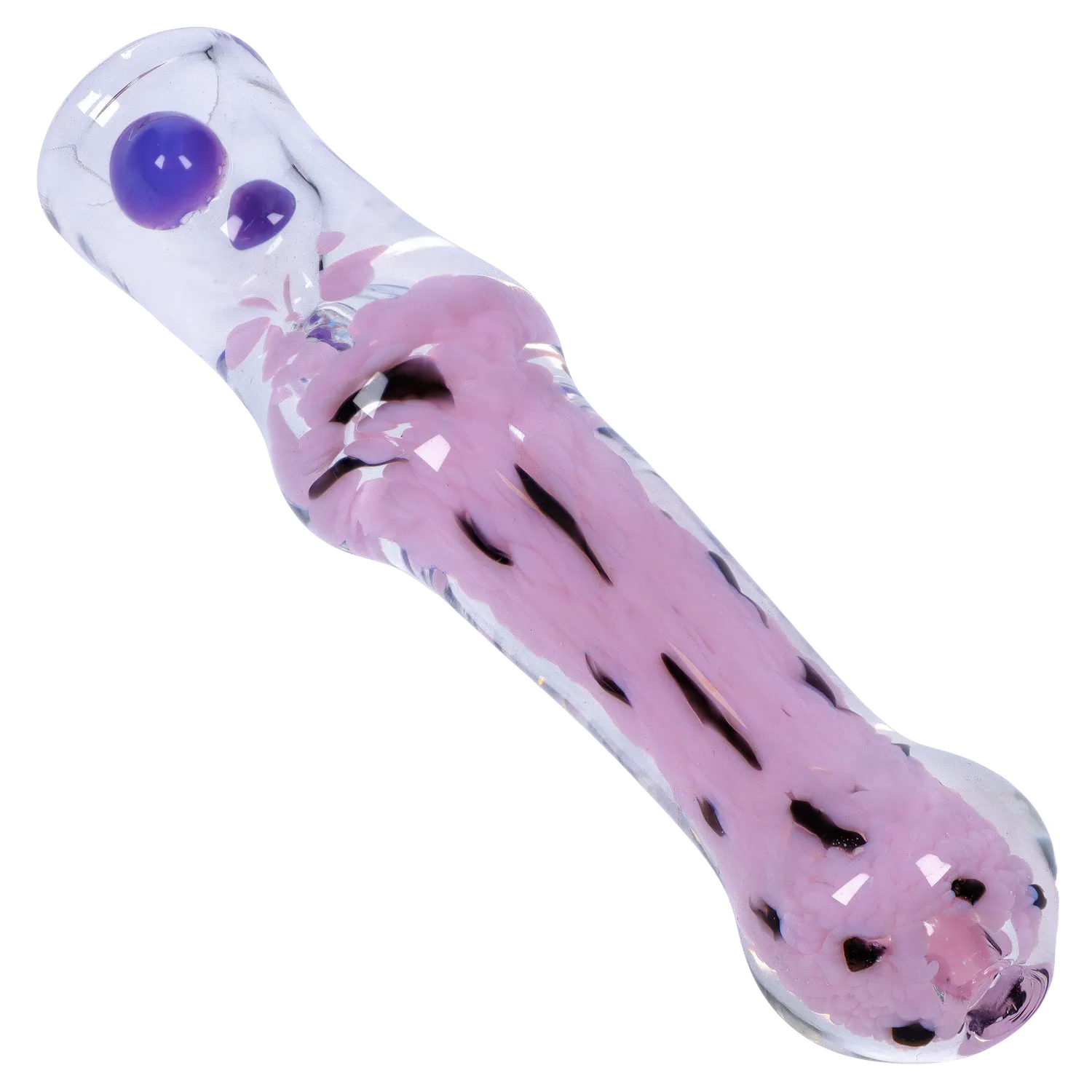 Angled close-up of the Smoke Cartel Frit Cone One Hitter - 3 in. showing a clear glass tube with pink fritted interior and two raised purple dots.