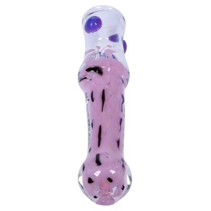 Top-down close-up of the Smoke Cartel Frit Cone One Hitter - 3 in. showing a clear glass tube with milky pink frit and purple glass dots against a white background