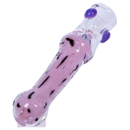 Angled close-up of the Smoke Cartel Frit Cone One Hitter - 3 in., showing its clear glass body with pink frit core and purple glass accents.