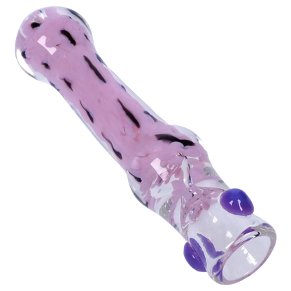 Angled close-up of the Smoke Cartel Frit Cone One Hitter - 3 in., showing a translucent glass tube with milky purple frit and raised purple dots.